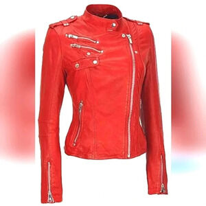 Black river red leather zipper biker motorcycle jacket size M women's